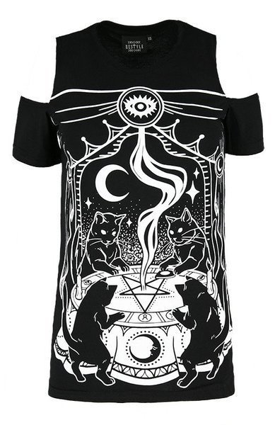 koszulka z krótkim rękawem RESTYLE CAT SABBATH COLD SHOULDER